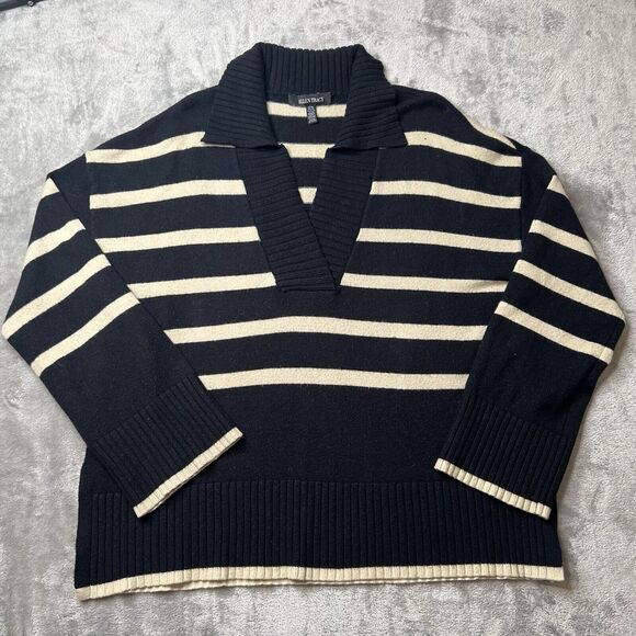 Ellen Tracy Sweater Women's XL Black Striped V-Neck Long Sleeve - Picture 1 of 8